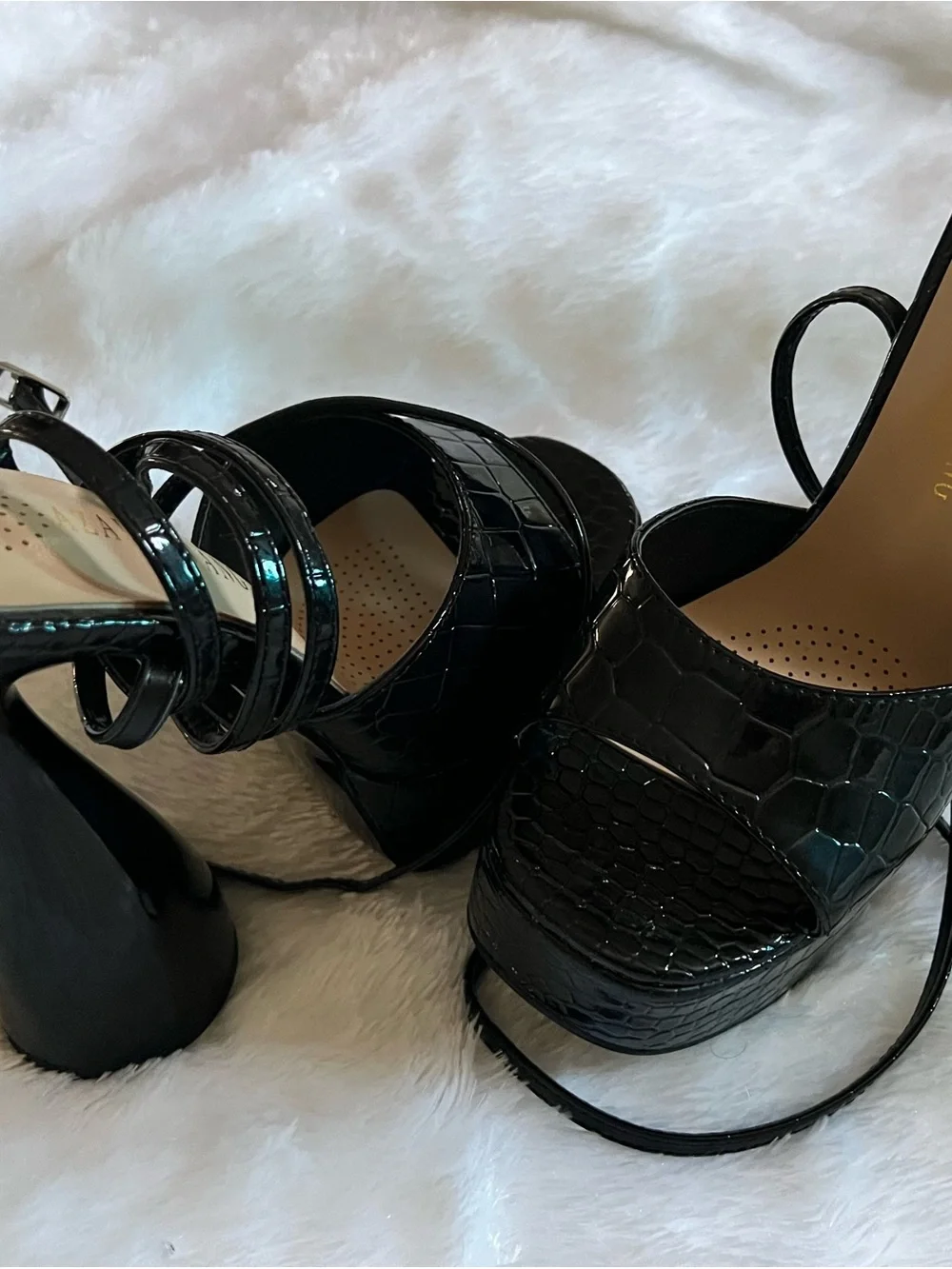 Patent Black Croc-Embossed Platform Heels with Sculpted Flared Heel